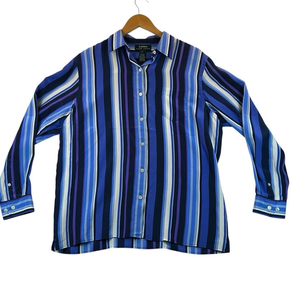 Lauren Ralph Lauren Silk Button Down Shirt Women's Sz L Blue Striped Career Top